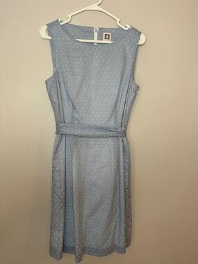 Sleeveless Light Blue Polka Dot Belted Dress